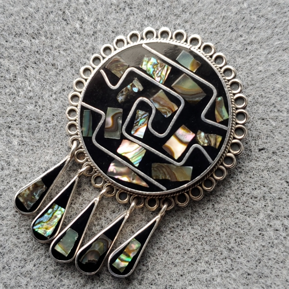 Taxco Mexico Onyx & Abalone Pin/Pendant & Earrings - Picture 3 of 11
